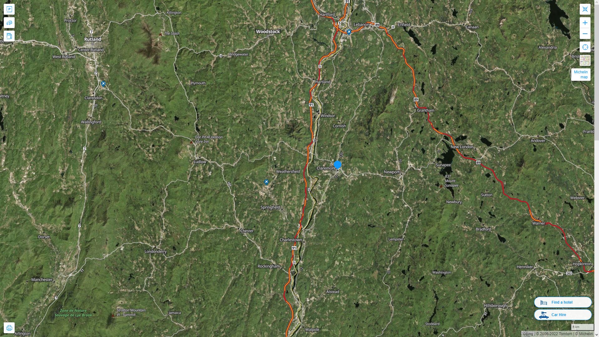 Claremont New Hampshire Highway and Road Map with Satellite View
